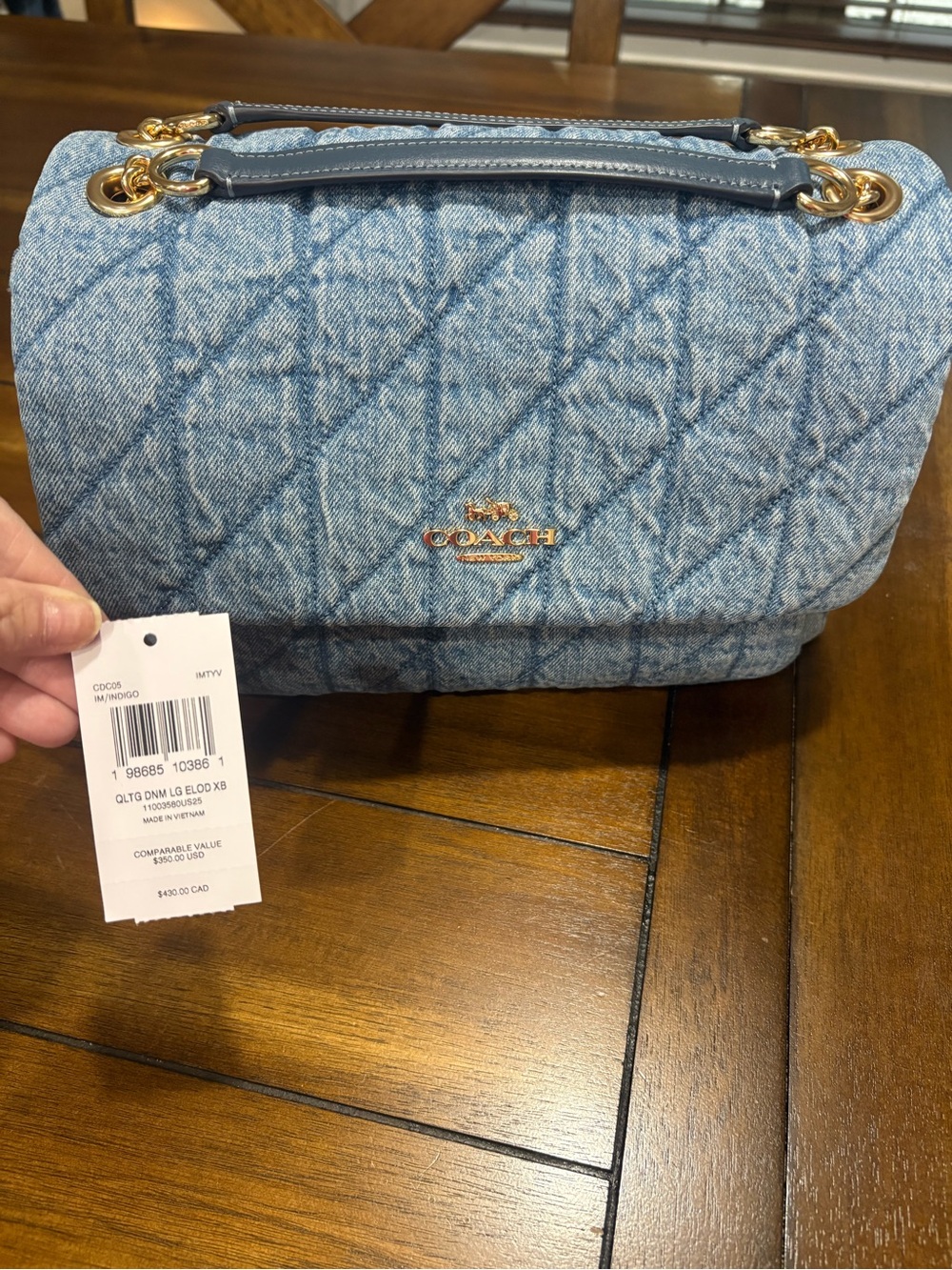 Coach Quilted Denim Elodie Shoulder Bag with Gold Hardware - Blue Denim